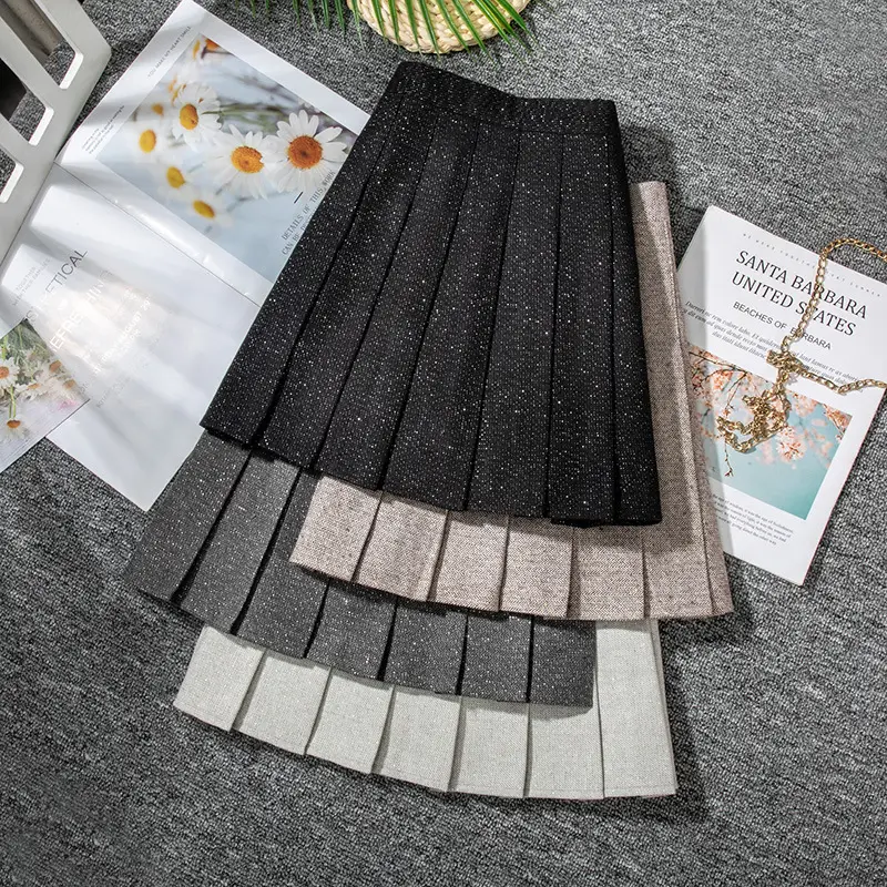Grey Wool Pleated Skirt High Waist Anti-Run - Image 3