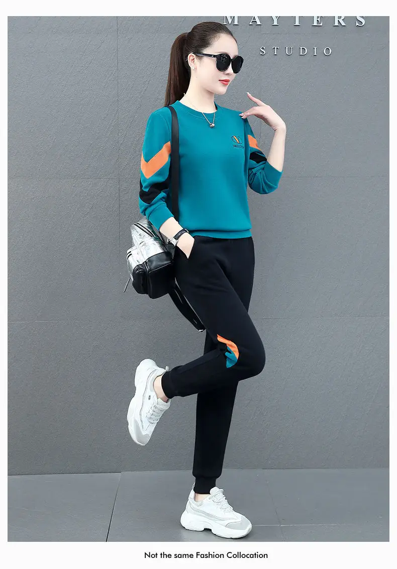 Women Sweatshirt Track Suit Black Orange Blue 2-Piece Set — feature 17