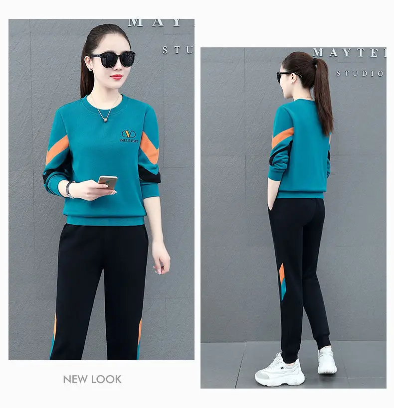 Women Sweatshirt Track Suit Black Orange Blue 2-Piece Set — feature 19