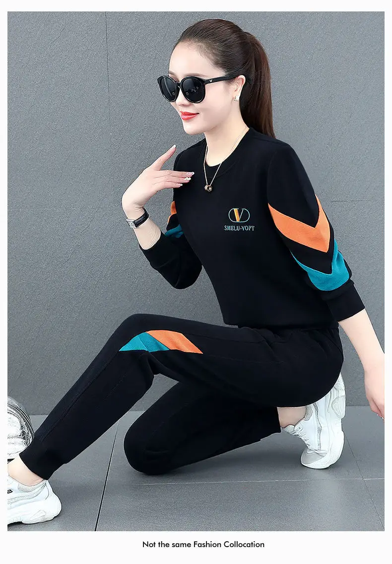 Women Sweatshirt Track Suit Black Orange Blue 2-Piece Set — feature 20