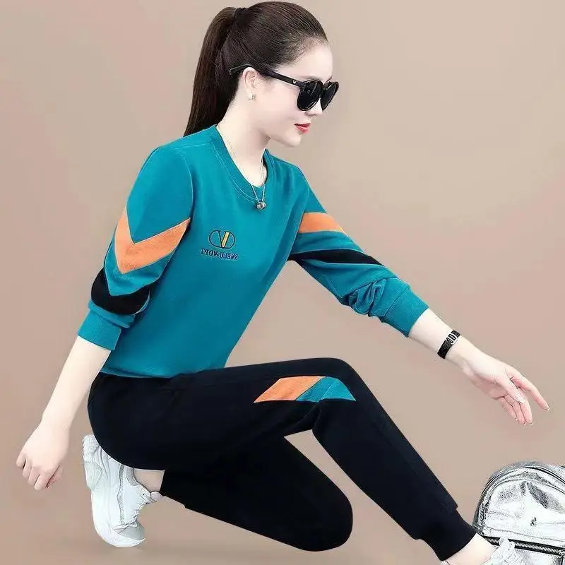 Women Sweatshirt Track Suit Black Orange Blue 2-Piece Set - Image 3