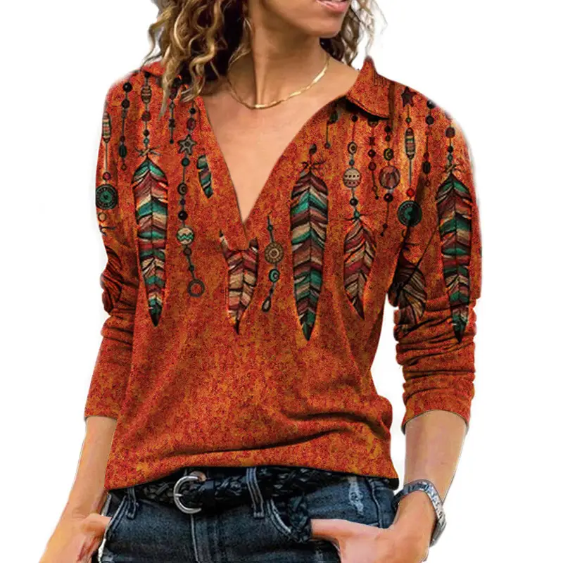 Women's Blue Feather Print V-Lapel T-Shirt - Image 3