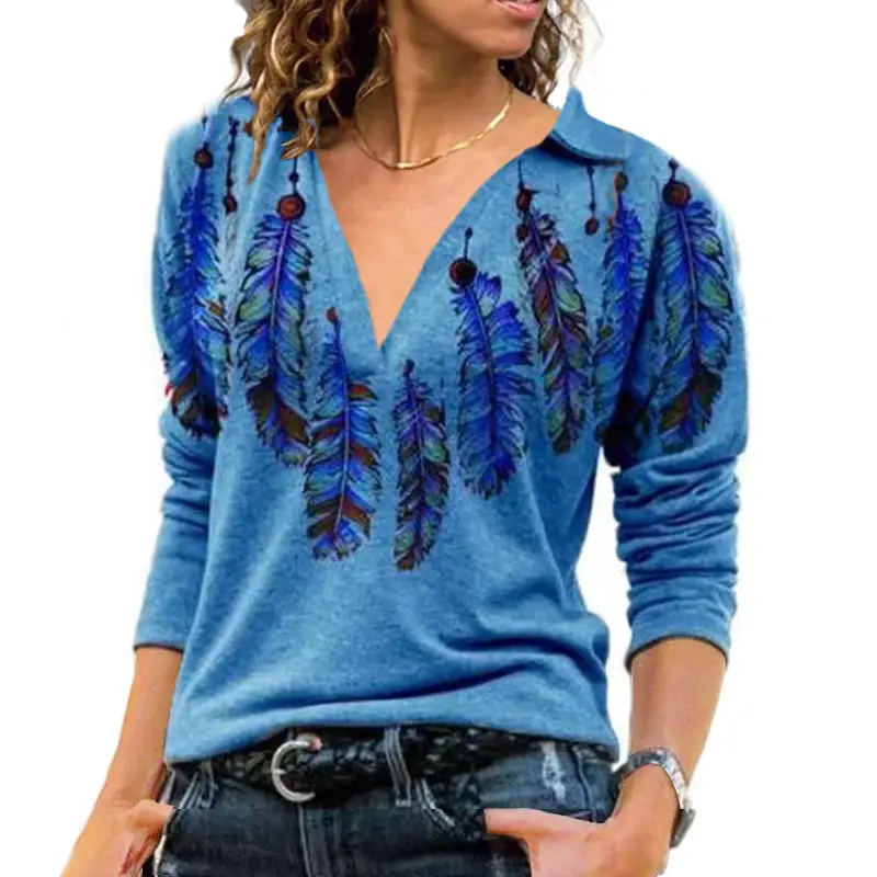 Women's Blue Feather Print V-Lapel T-Shirt - Image 4