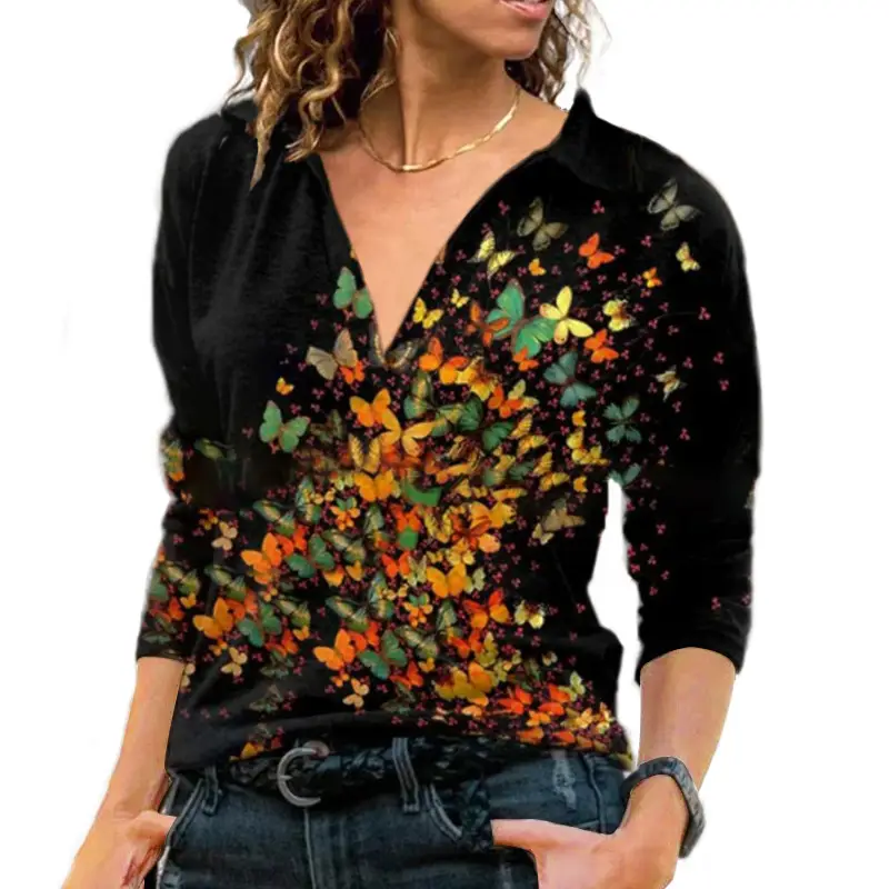 Women's Blue Feather Print V-Lapel T-Shirt - Image 5
