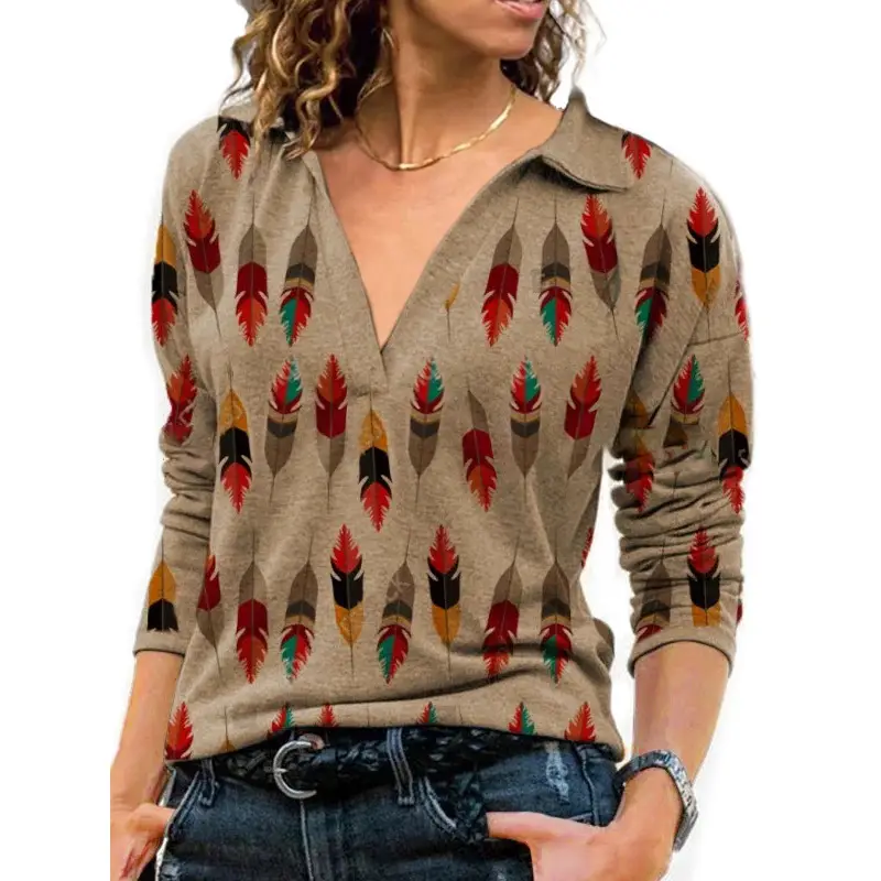 Women's Blue Feather Print V-Lapel T-Shirt - Image 6