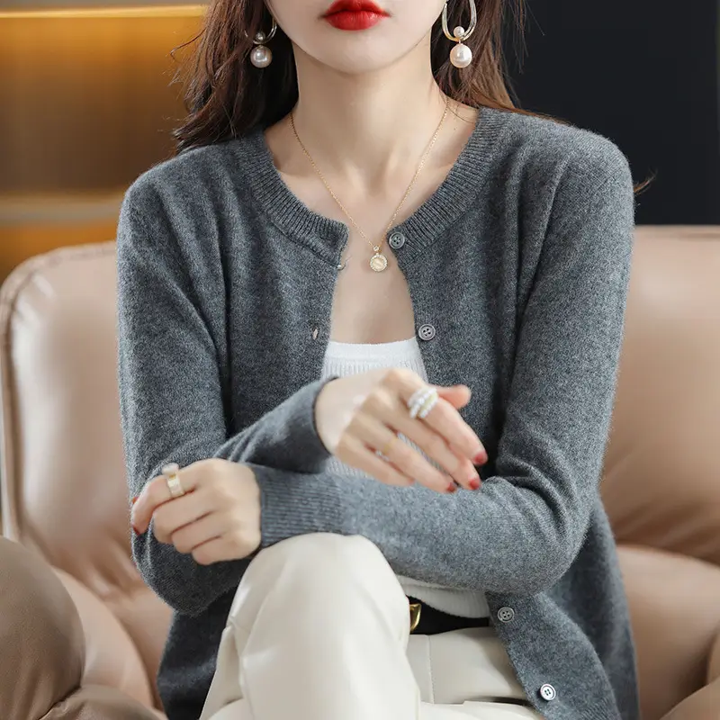 Women Red Knitted Round Neck Cardigan 2023