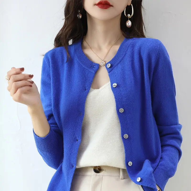 Women Red Knitted Round Neck Cardigan 2023