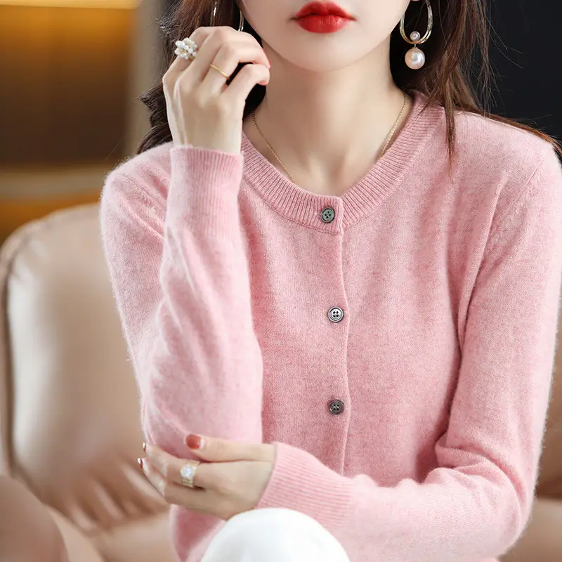 Women Red Knitted Round Neck Cardigan 2023
