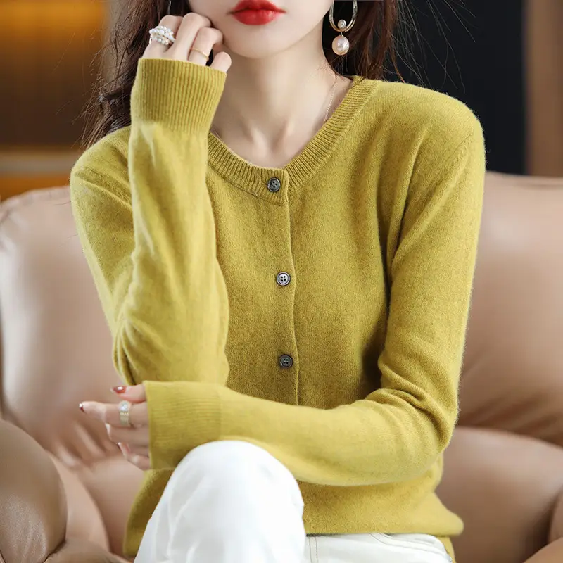 Women Red Knitted Round Neck Cardigan 2023