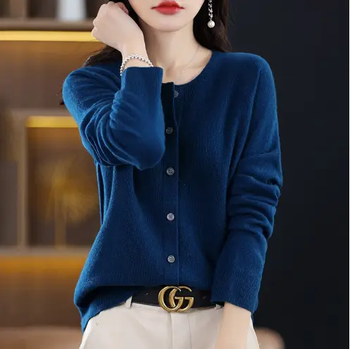 Women Red Knitted Round Neck Cardigan 2023