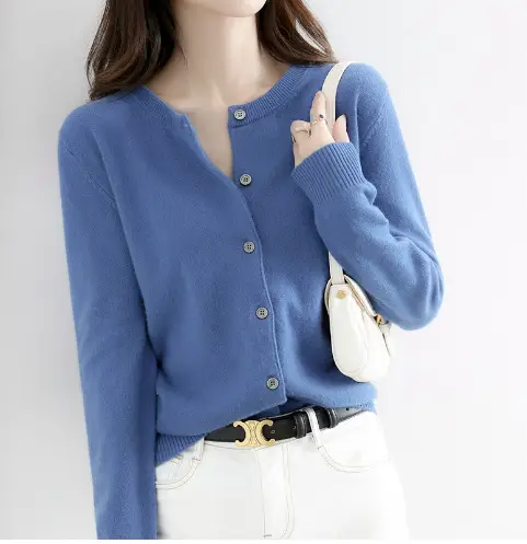 Women Red Knitted Round Neck Cardigan 2023