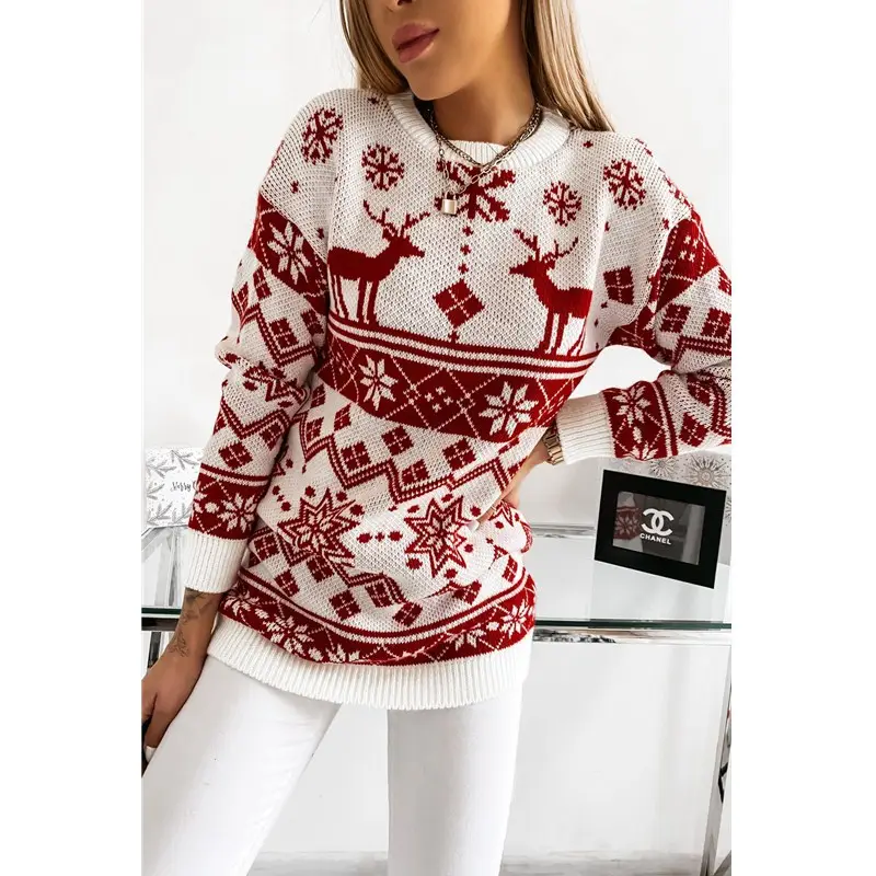 2021 Christmas Women's Red White Knitted Sweater Set