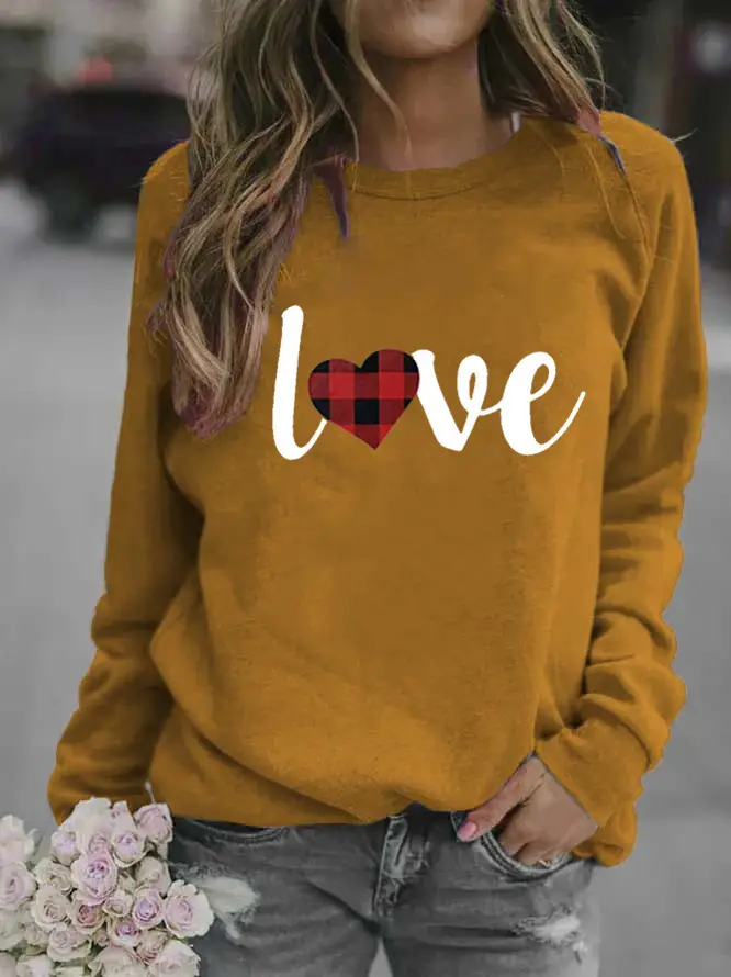 Women's Long Sleeve Valentine Heart Print Sweater Mustard - Image 2