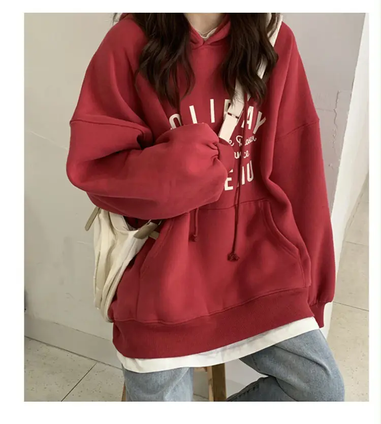 Women Red Hooded Sweatshirt Loose Fit 2025 — feature 10