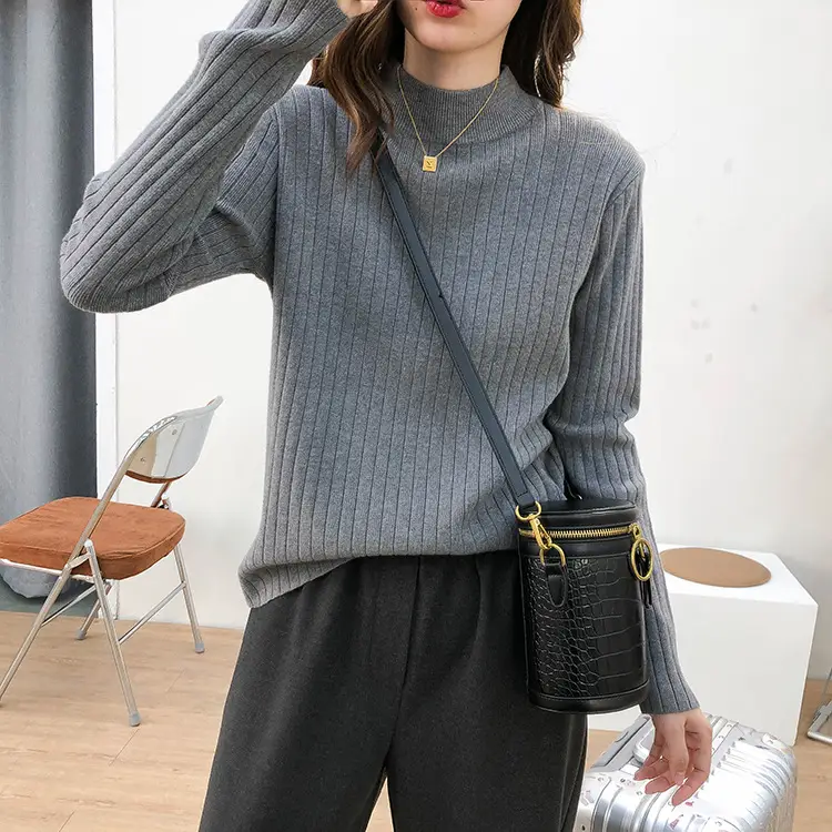 Women Half Turtleneck Knit Shirt with Crossbody Bag — feature 4