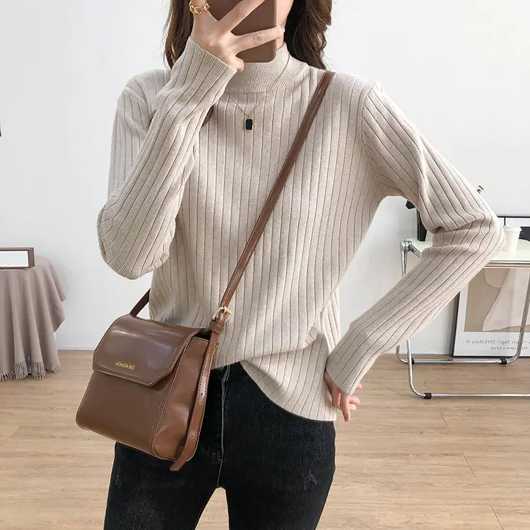 Women Half Turtleneck Knit Shirt with Crossbody Bag — feature 5