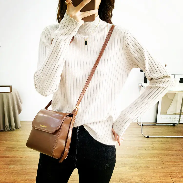 Women Half Turtleneck Knit Shirt with Crossbody Bag — feature 6