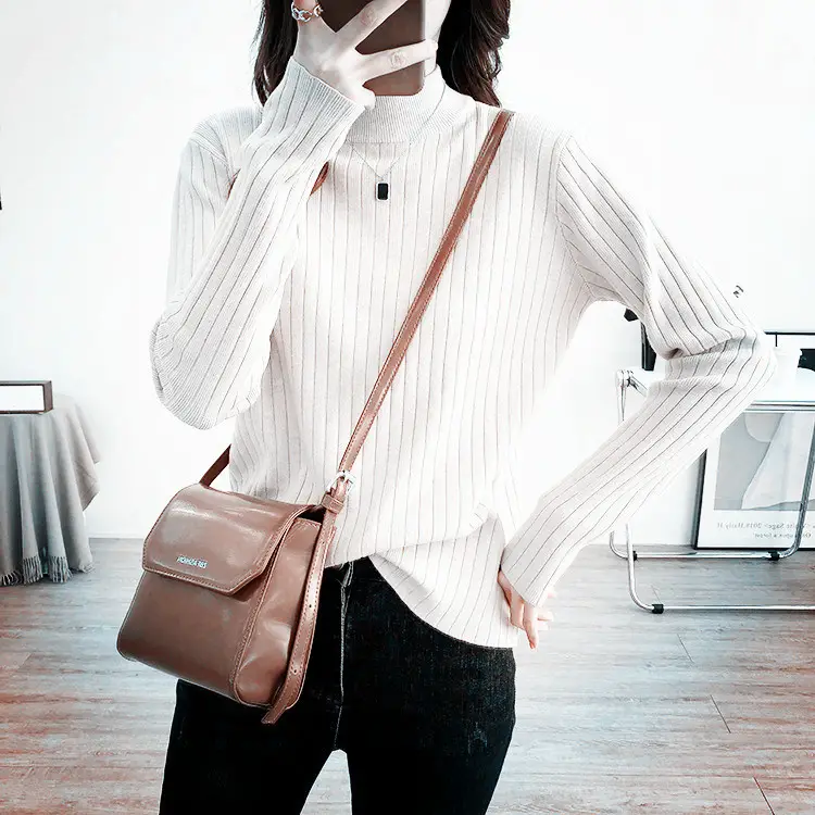 Women Half Turtleneck Knit Shirt with Crossbody Bag — feature 7