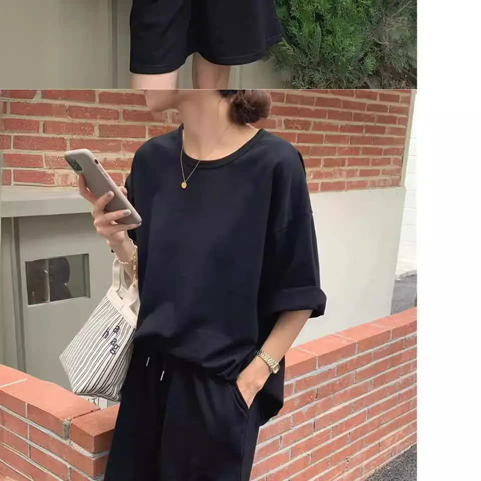 Women Cotton Casual Shorts Set Black Summer Holiday - Image 9