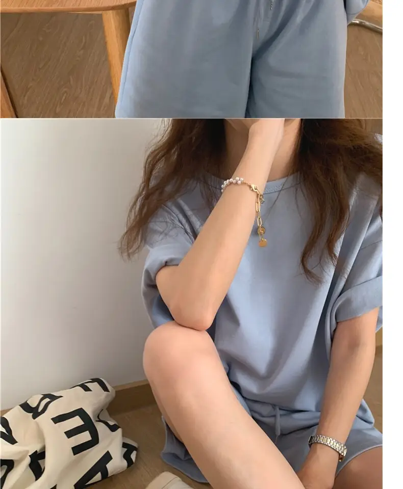 Women Cotton Casual Shorts Set Black Summer Holiday — feature 13