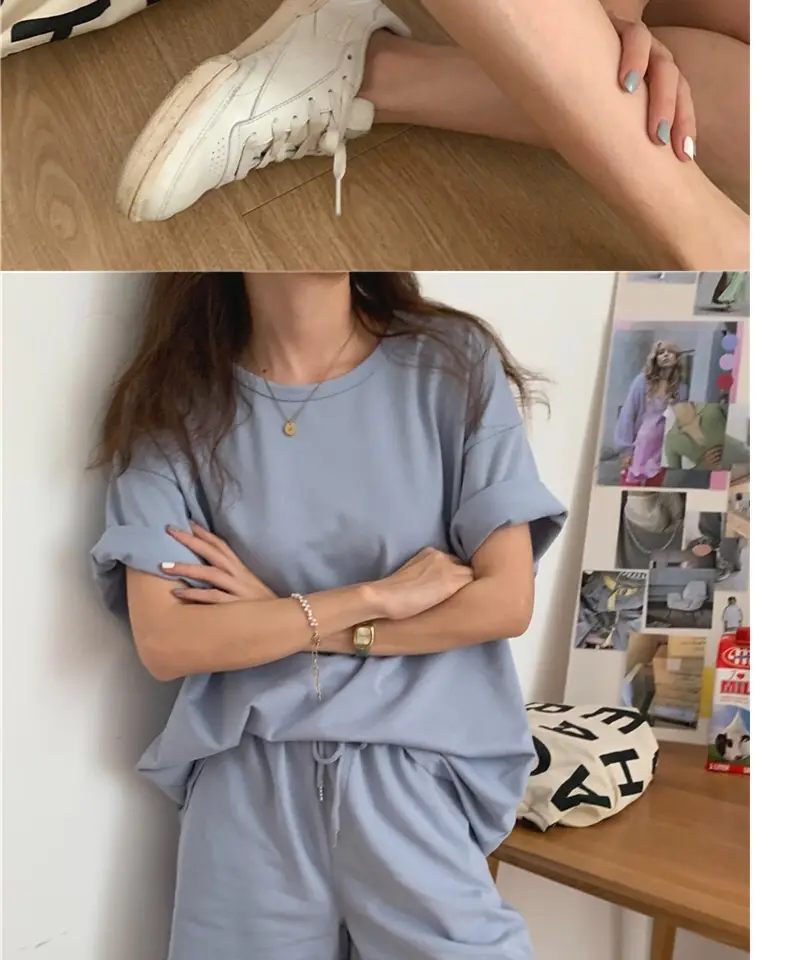 Women Cotton Casual Shorts Set Black Summer Holiday — feature 14