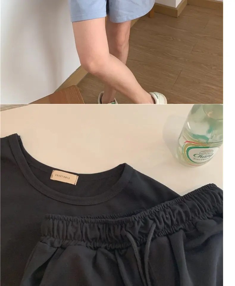 Women Cotton Casual Shorts Set Black Summer Holiday — feature 16