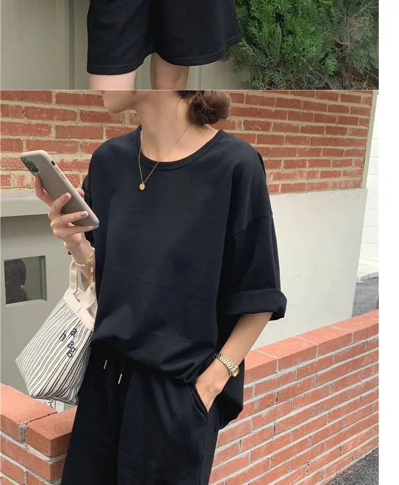 Women Cotton Casual Shorts Set Black Summer Holiday — feature 18