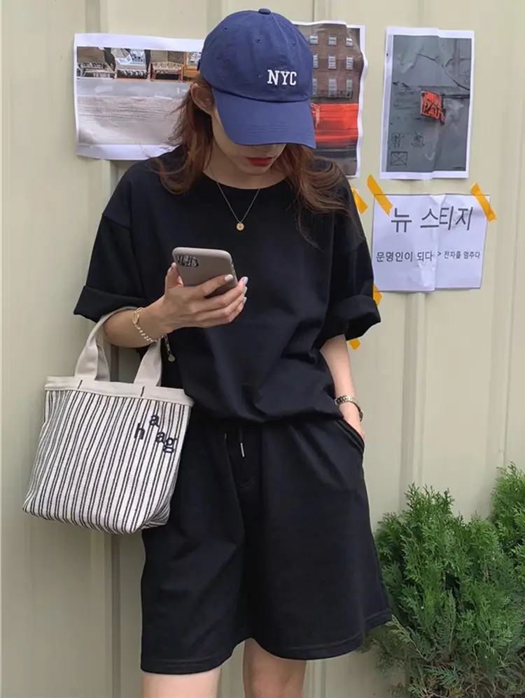Women Cotton Casual Shorts Set Black Summer Holiday — feature 3