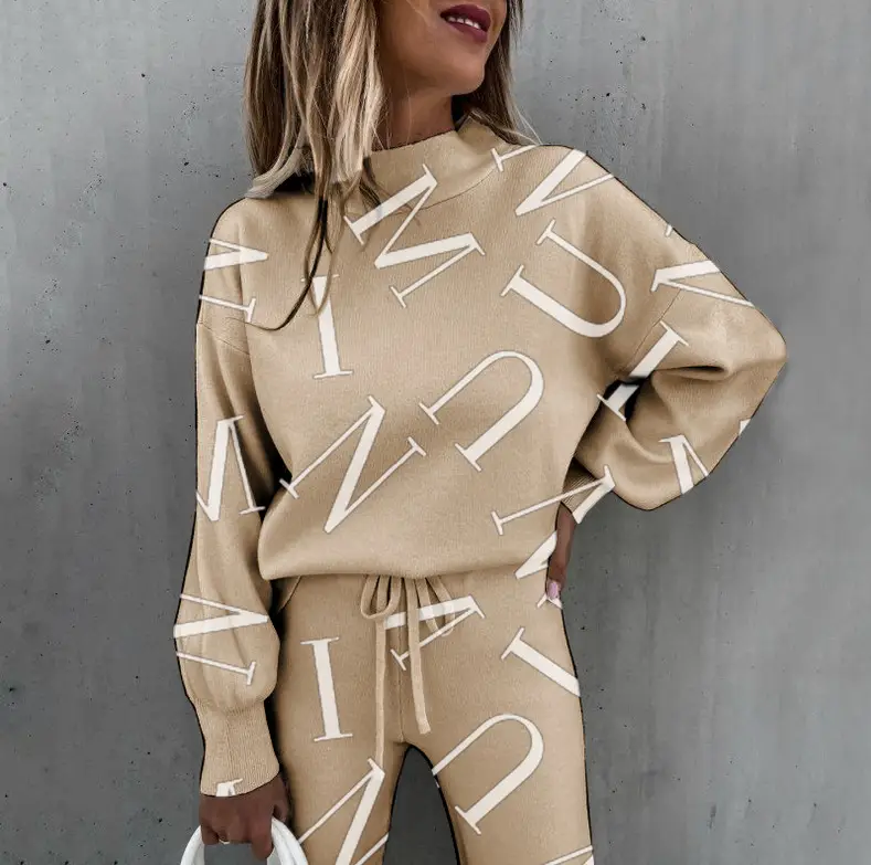 Women Star Moon Print Tie-Dye Suit Beige Long Sleeve