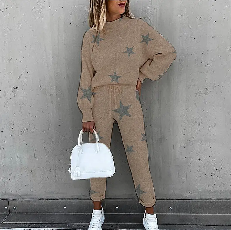 Women Star Moon Print Tie-Dye Suit Beige Long Sleeve