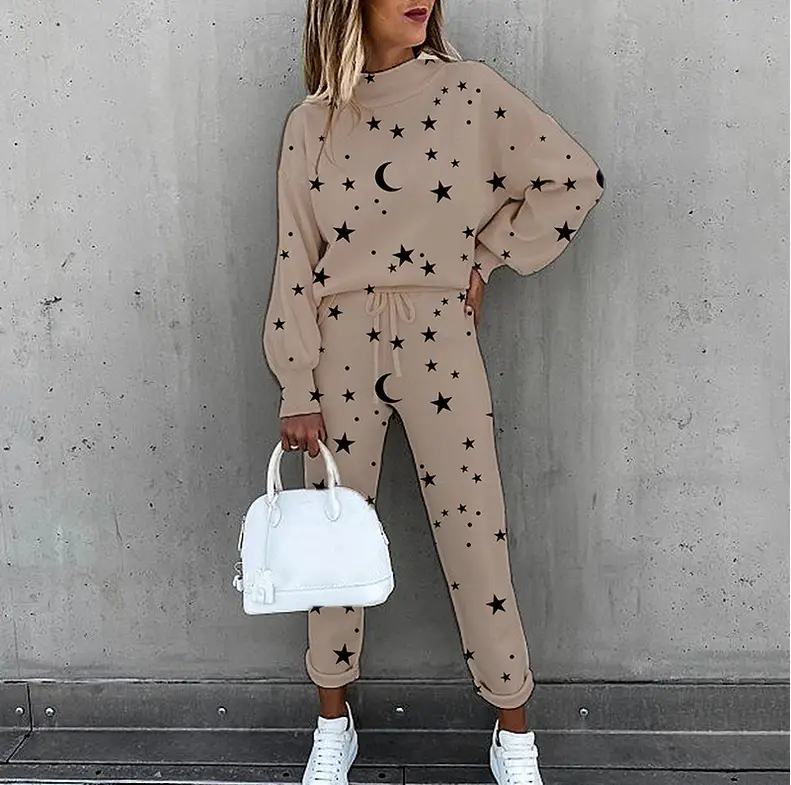 Women Star Moon Print Tie-Dye Suit Beige Long Sleeve