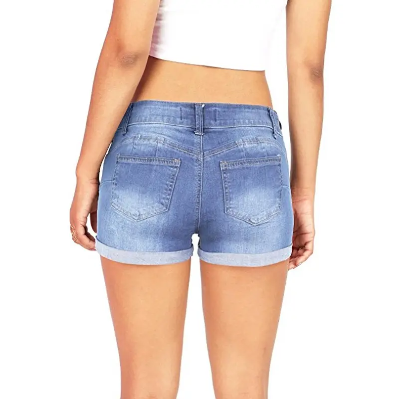 Women Cuffed Denim Shorts Blue High Waist Trendy - Image 4