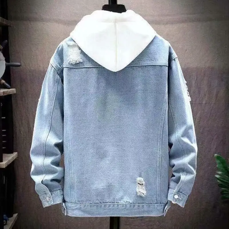 Men Blue Ripped Hoodie Denim Jacket Washable - Image 3