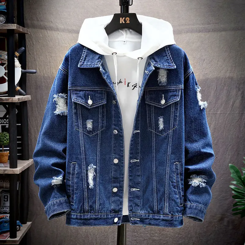 Men Blue Ripped Hoodie Denim Jacket Washable - Image 2