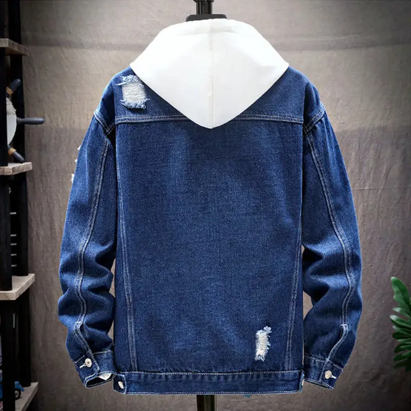 Men Blue Ripped Hoodie Denim Jacket Washable - Image 4