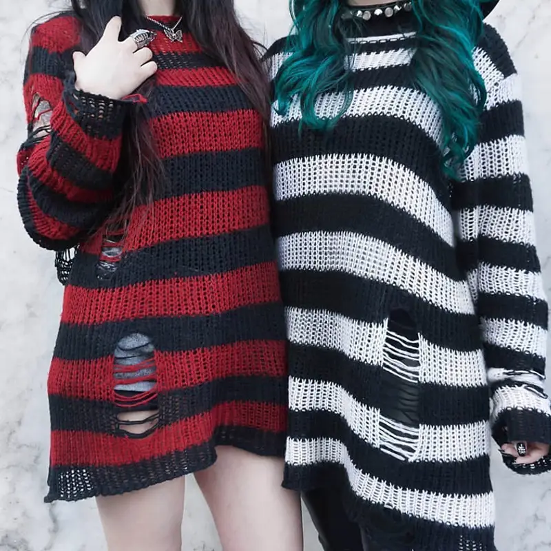 Women's Red Black Striped Mohair Pullover Mid Length - Image 22