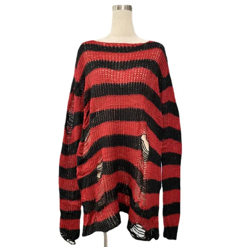 Women's Red Black Striped Mohair Pullover Mid Length - Image 23