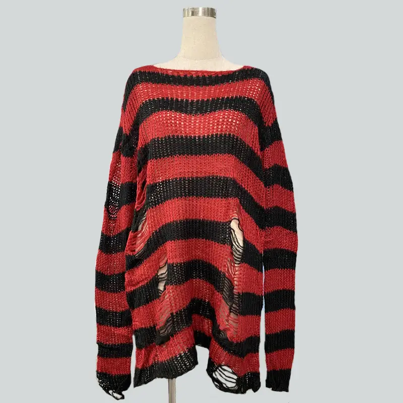 Women's Red Black Striped Mohair Pullover Mid Length — feature 6