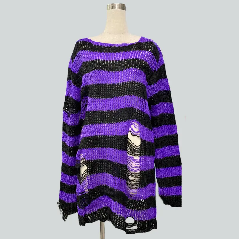 Women's Red Black Striped Mohair Pullover Mid Length — feature 7