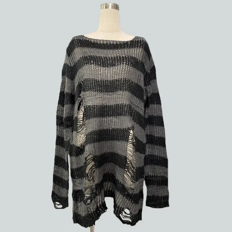 Women's Red Black Striped Mohair Pullover Mid Length — feature 15