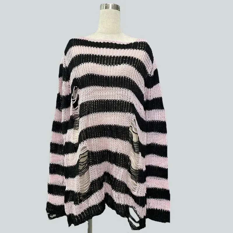 Women's Red Black Striped Mohair Pullover Mid Length — feature 13