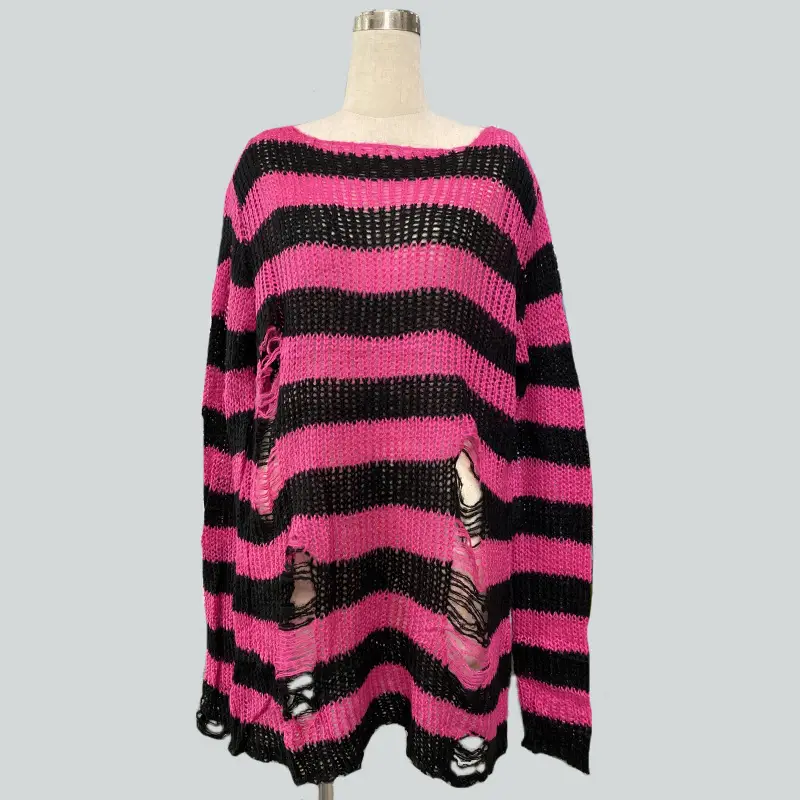 Women's Red Black Striped Mohair Pullover Mid Length — feature 8