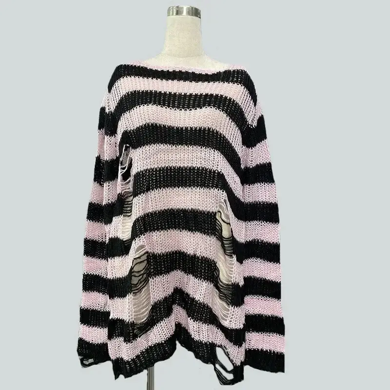 Women's Red Black Striped Mohair Pullover Mid Length - Image 8