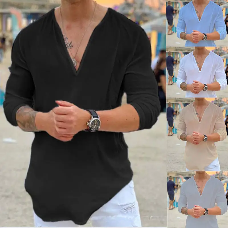 Men's V Neck Pure Color T-Shirt Long Sleeves Casual 2025 — feature 1