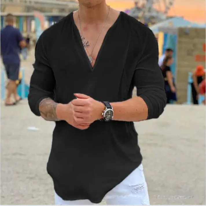 Men's V Neck Pure Color T-Shirt Long Sleeves Casual 2025 - Image 9
