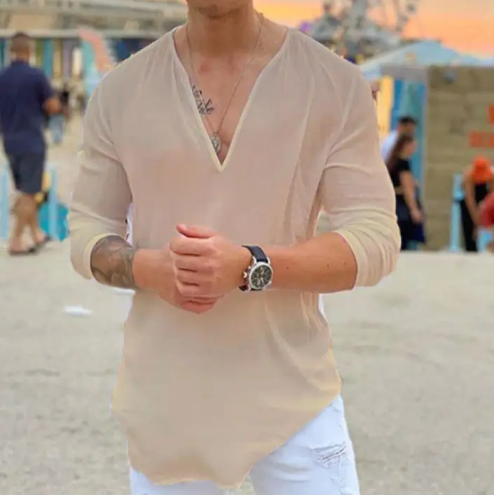 Men's V Neck Pure Color T-Shirt Long Sleeves Casual 2025 - Image 3