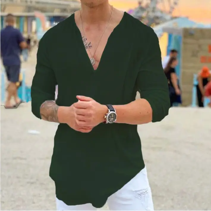 Men's V Neck Pure Color T-Shirt Long Sleeves Casual 2025 - Image 4