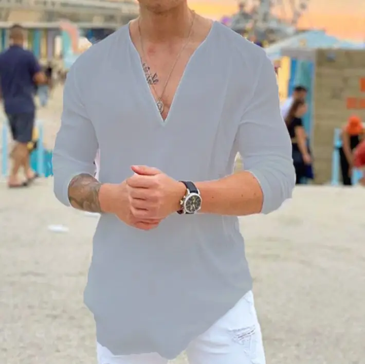 Men's V Neck Pure Color T-Shirt Long Sleeves Casual 2025 — feature 5
