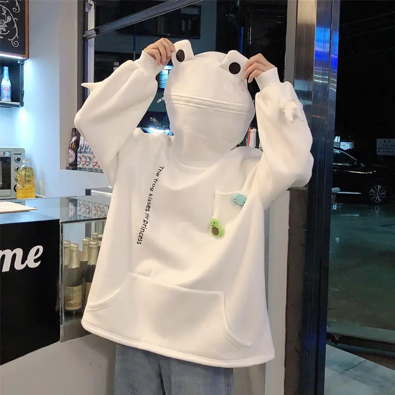 Women's White Frog Hooded Sweatshirt Velvet Autumn Winter - Image 5