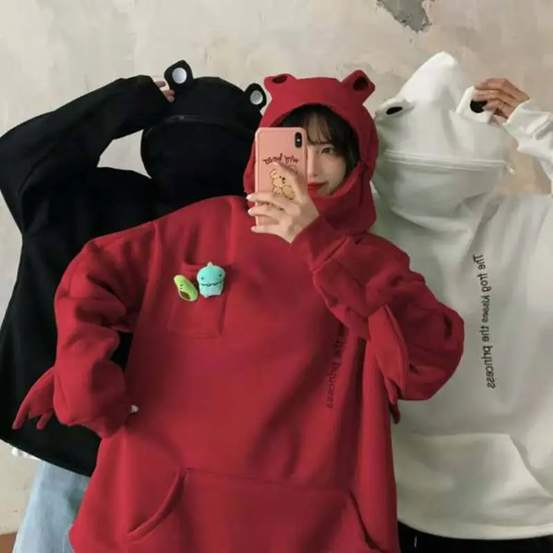 Women's White Frog Hooded Sweatshirt Velvet Autumn Winter - Image 6